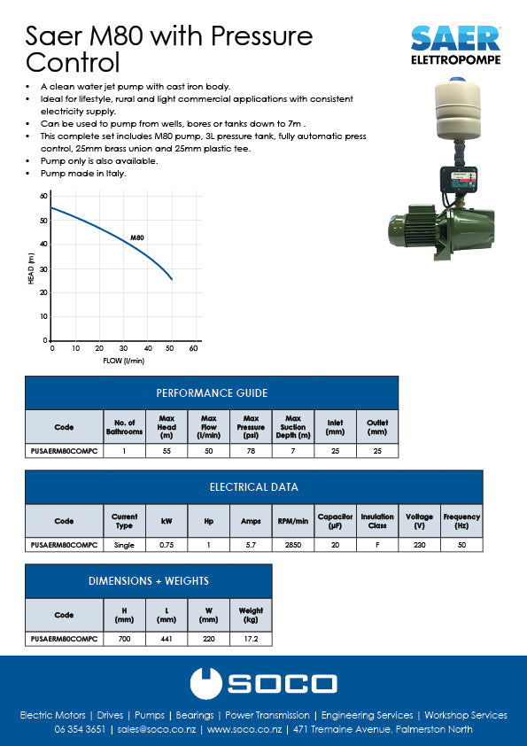 Saer M80 Pump with Pressure Control Set