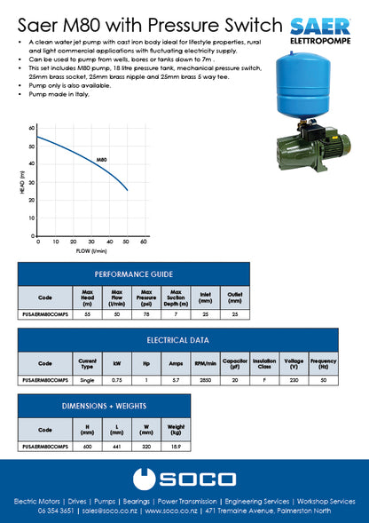 Saer M80 Pump with Pressure Switch Set
